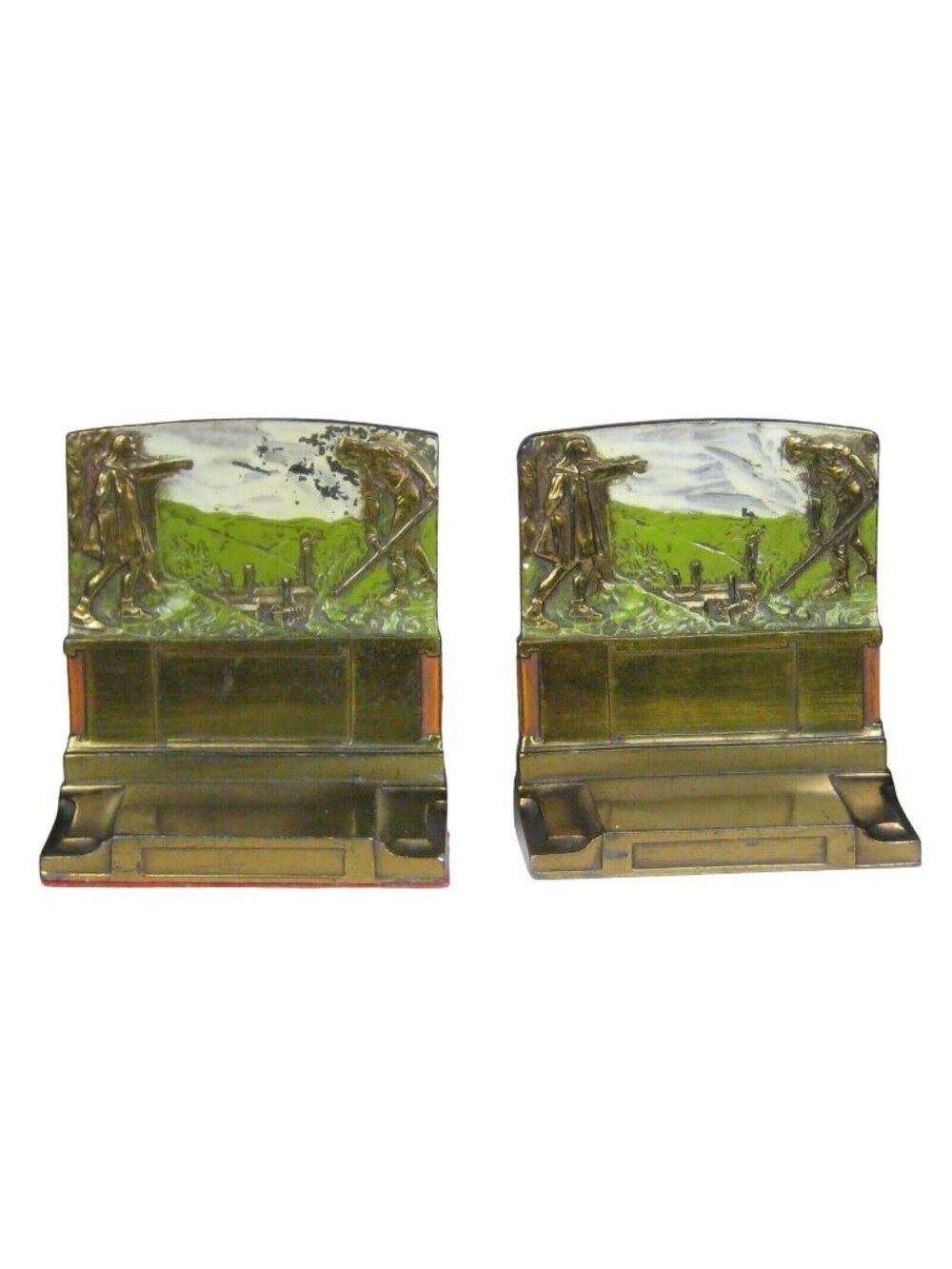 The Pioneers Pompeian Bronze Bookends Circa 1920 Farming Enamel Vintage Decor